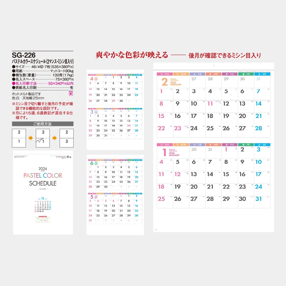 SG-226 パステルカラースケジュール(2マンス･ミシン目入り)
